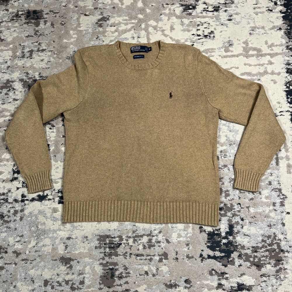VTG Polo Ralph Lauren Sweater Mens M Beige Brown Rib Pima Cotton Crew Neck Knit